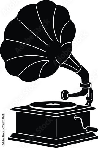antique gramophone with large horn speaker and turntable base silhouette