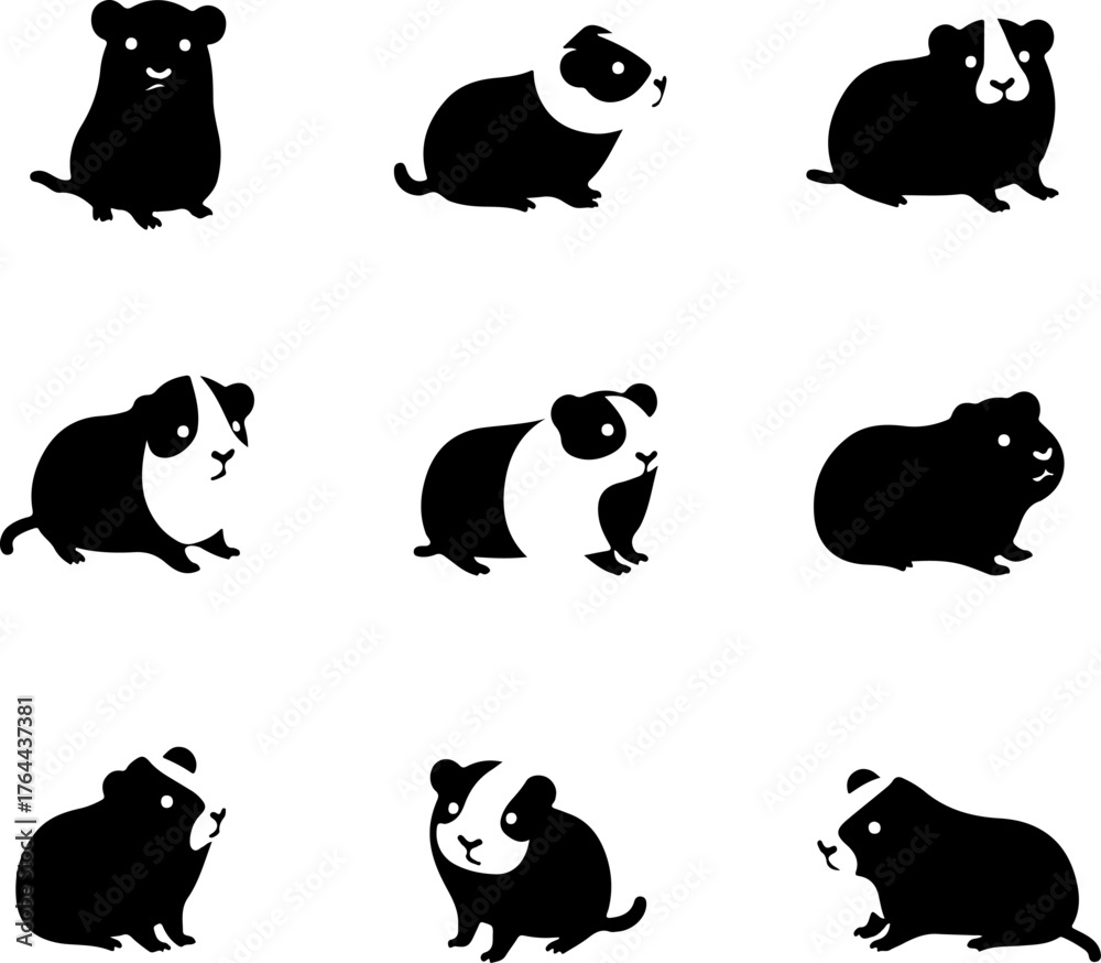 Fototapeta premium Cute Guinea Pig Pet Animal Set Silhouettes