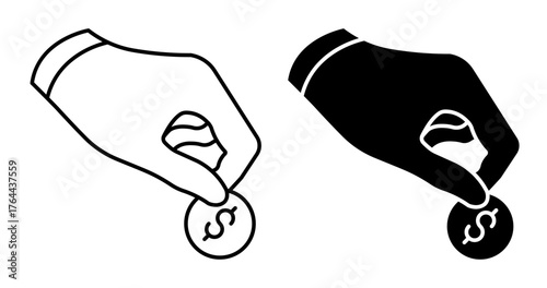 Linear icon. Customer hand gives money to pay for goods at checkout. Simple black and white vector isolated on white background