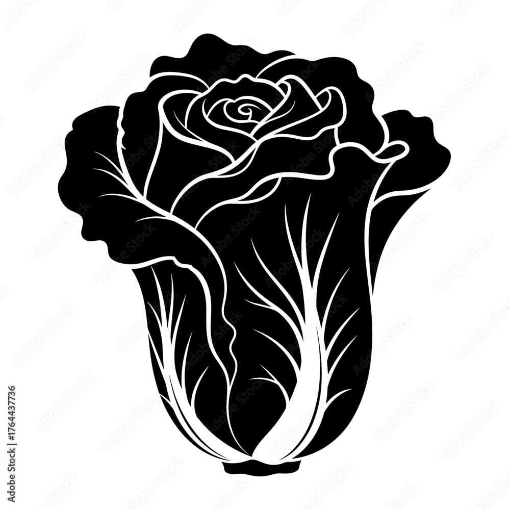 Fototapeta premium Black silhouette of a rose with intricate detailing and leaves 