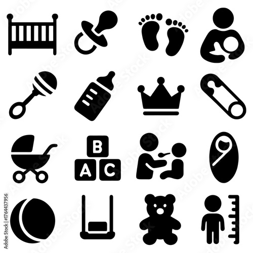 Baby Essentials Icons: A collection of meticulously crafted, iconic illustrations that capture the essence of infancy. Explore the world of baby essentials. 