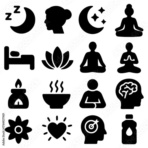 Serenity and Wellness Icons: A set of minimalist icons capturing the essence of tranquility and well-being. These images are ideal for illustrating concepts related to self-care, mindfulness, sleep.