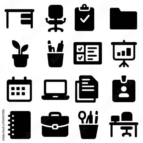 Workspace Essentials: A collection of meticulously crafted, minimalistic icons showcasing fundamental elements of a workspace, representing concepts of efficiency and organization.