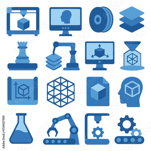 3D Printing Icons: A visual representation of the modern revolution, the image showcases various concepts and tools used in 3D printing.