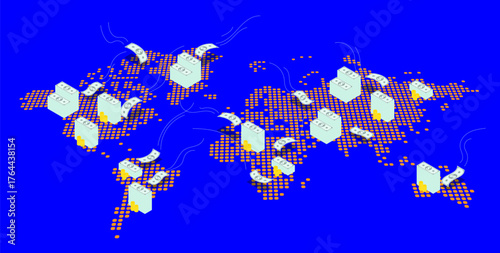 World financial centers in the global dollar system on world map. Global world atlas in business dotted design. Simple dotted vector on blue background