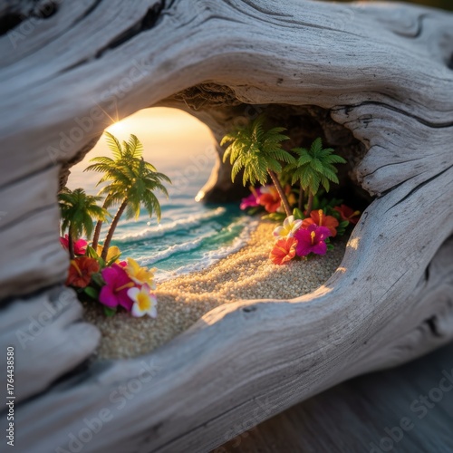 Miniature Tropical Beach Scene Within Driftwood Opening, Tiny Palm Trees and Vibrant Flowers on Sandy Shore