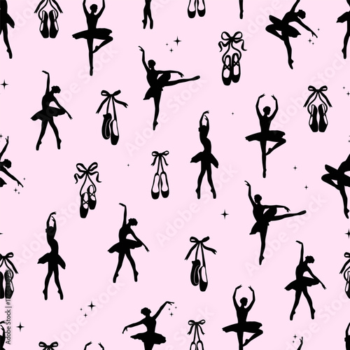 Ballerina dancer silhouette seamless pattern. Cute ballerina background.