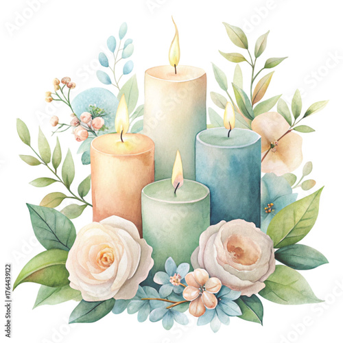 Watercolor illustration of  burning candles in soft pastel colors watercolor white background
