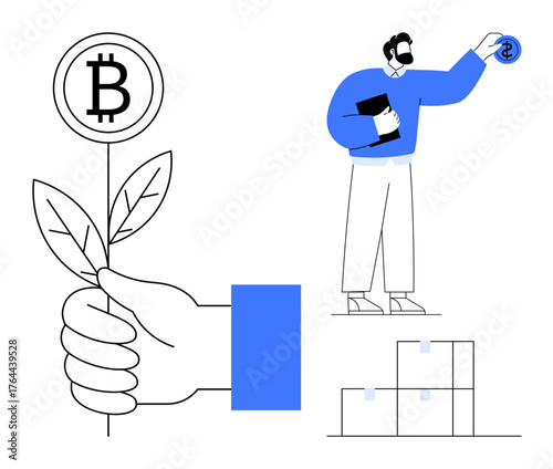 Hand holding plant with Bitcoin coin growing, man placing dollar coin above boxes. Ideal for cryptocurrency, investment, growth, finance, savings, innovation business strategies. Simple flat