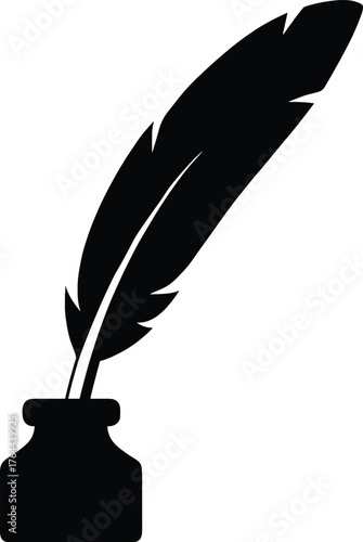 feather quill resting in an ink bottle, solid black silhouette