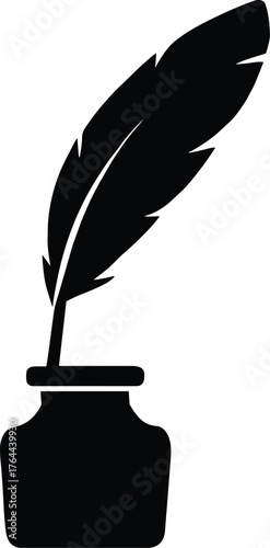 feather quill resting in an ink bottle, solid black silhouette