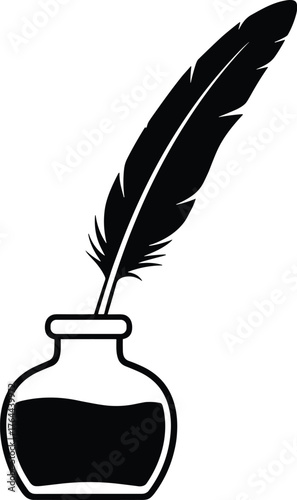 feather quill resting in an ink bottle, solid black silhouette