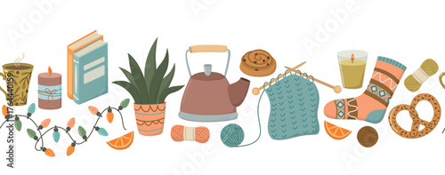 Seamless border with cozy things. Horizontal pattern with cute homely items.	