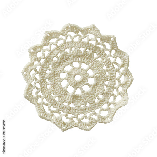 Clouseup of white crochet doily isolated on white or transparent background. Top view.