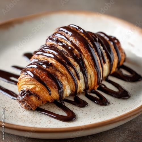 Freshly baked croissant drizzled with rich chocolate sauce on a rustic plate