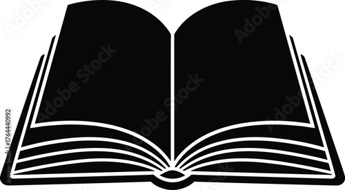 open book with gently curved pages, solid black silhouette