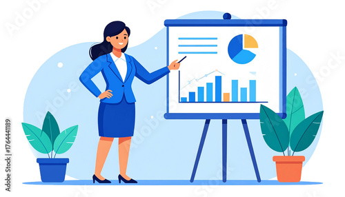 Business Woman Presentation in Flat Vector Cartoon Style