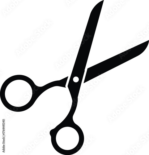 pair of scissors with open blades and finger loops, solid black silhouette