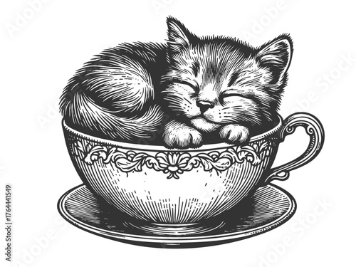 Cat peacefully sleeping inside a floral teacup sketch engraving generative ai vector illustration. Scratch board imitation. Black and white image.