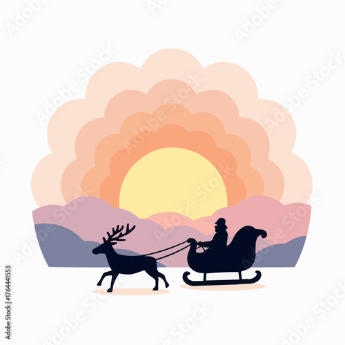 Santa in sleigh being pulled by reindeer against colorful sunset clouds  