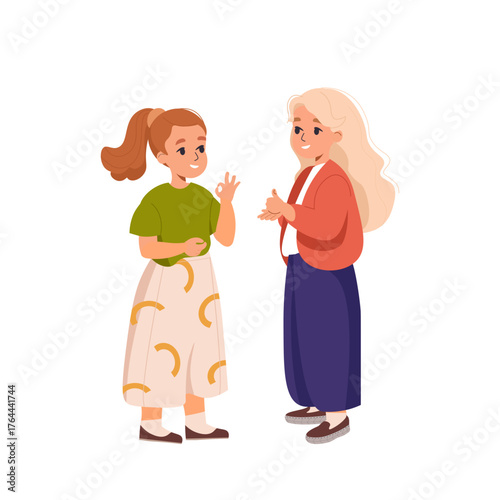 Deaf and mute kids communicate in sign language. Deaf and mute children girls cartoon character using sign languages flat vector isolated illustration. World day deaf.  Children with disability.