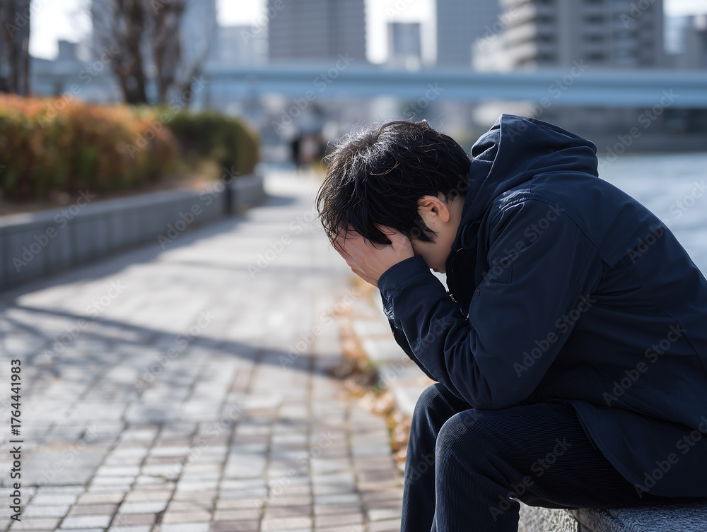 Fototapeta premium 頭を抱えて落ち込む男性がベンチに座る風景悲しみや絶望を表現するストレスや悩みのイメージ