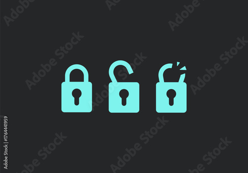 Set neon color padlock icon include with broken and unlocked padlock icon