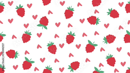 Raspberry seamless pattern with hearts,seamless summer pattern with raspberry fruits; perfect for summer-themed apparel, accessories, stationery, packaging and greeting cards - vector illustration.