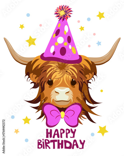 Cute Cow Scottish Highland Cattle with a Party Hat and a Bow Tie. Happy Birthday card, Funny, hand drawn style print. Vector illustration