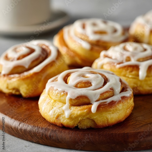 Warm cinnamon rolls with icing served on a wooden board in a cozy kitchen setting