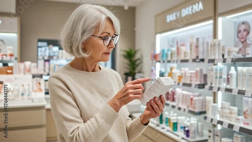 Elderly woman choosing moisturizer, senior customer reading skincare product label in cosmetics store