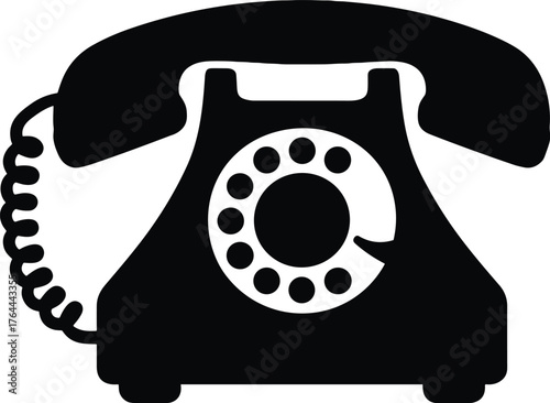 retro telephone with rotary dial and coiled cord, solid black silhouette