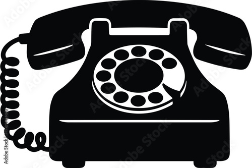retro telephone with rotary dial and coiled cord, solid black silhouette