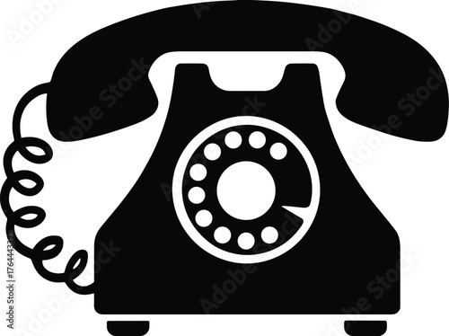 retro telephone with rotary dial and coiled cord, solid black silhouette
