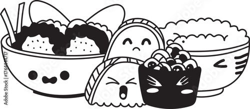 Cute Cartoon Sushi and Rice Bowl Illustration with Funny Expressions, Black and White Sketch