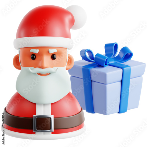 Jolly 3D rendered Santa Claus bust with red hat and white beard, next to a blue gift box, perfect for festive winter holiday designs and seasonal celebrations