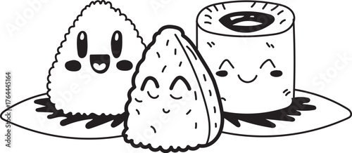 Kawaii Sushi Roll, Onigiri Rice Balls Cute Black and White Cartoon Food Illustration