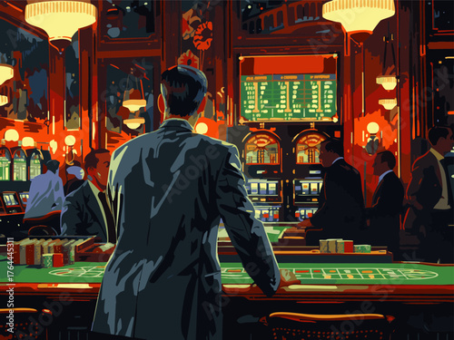 man in a suit standing at a roulette table in a luxurious, dimly lit casino filled with slot machines. Generative ai vector colorful illustration.
