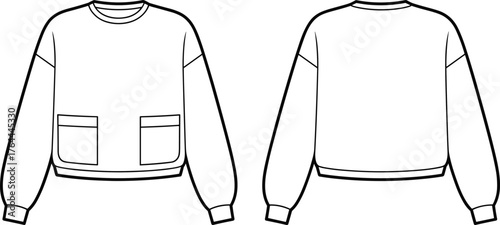 Fashion technical flat sketch of unisex sweatshirt with front patch pockets, ribbed cuffs and hem, casual streetwear garment design illustration.