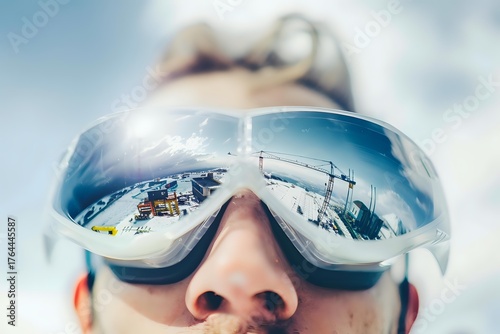 Close-up reflection of snow-covered mountain ski resort in mirrored goggles on sunny winter day, showing chairlifts and slopes in panoramic view.