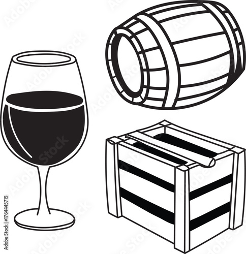 Wine Glass, Wooden Barrel, and Crate Outline in Black and White Style