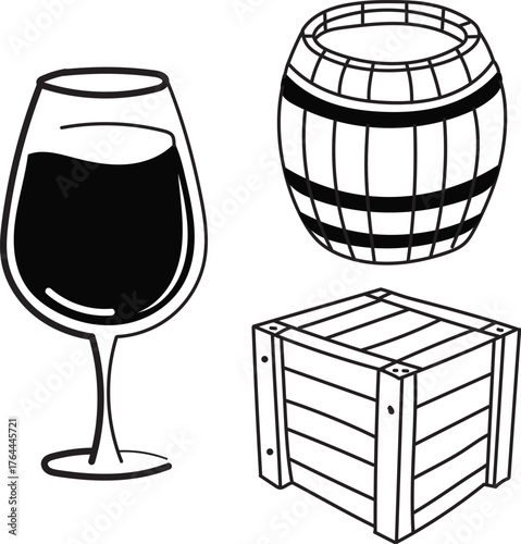 Wine Glass, Barrel, and Crate Illustration Black and White Set