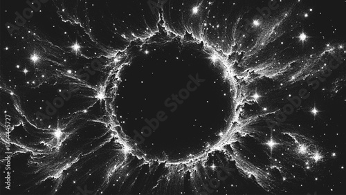 Endless cosmic void in stippling style symbol of infinity, silence, and beauty of universe. The Great Nothing where time and matter fades into black infinity. Noisy grainy shading using dots. Vector