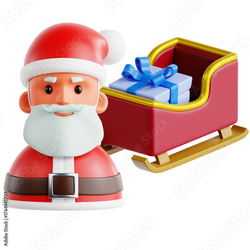 Whimsical 3D render of a jovial Santa Claus next to a classic red sleigh laden with a wrapped gift, perfectly capturing the festive spirit and joyful anticipation of Christmas holiday deliveries