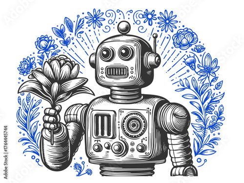 cute robot offering a flower, surrounded by ornate blue floral patterns, blending technology and romance sketch engraving generative ai vector illustration. Scratch board. Black and white image.