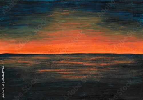 Acrylic painting nature background of sea or river at sunset, red sky on paper. Nature at sunset concept. Illustration for card and poster. Copy space for text. Hand painted impressionism style.