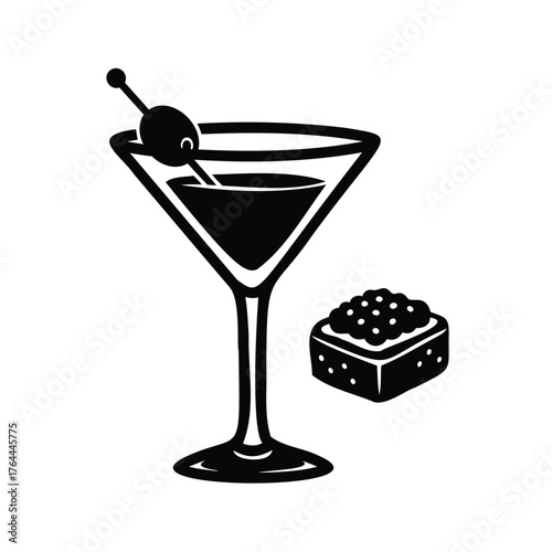 Black martini glass with olive and caviar on white background
