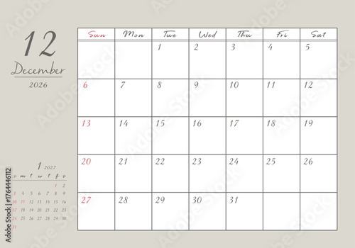 2026年 12月 おしゃれ書き込みカレンダー