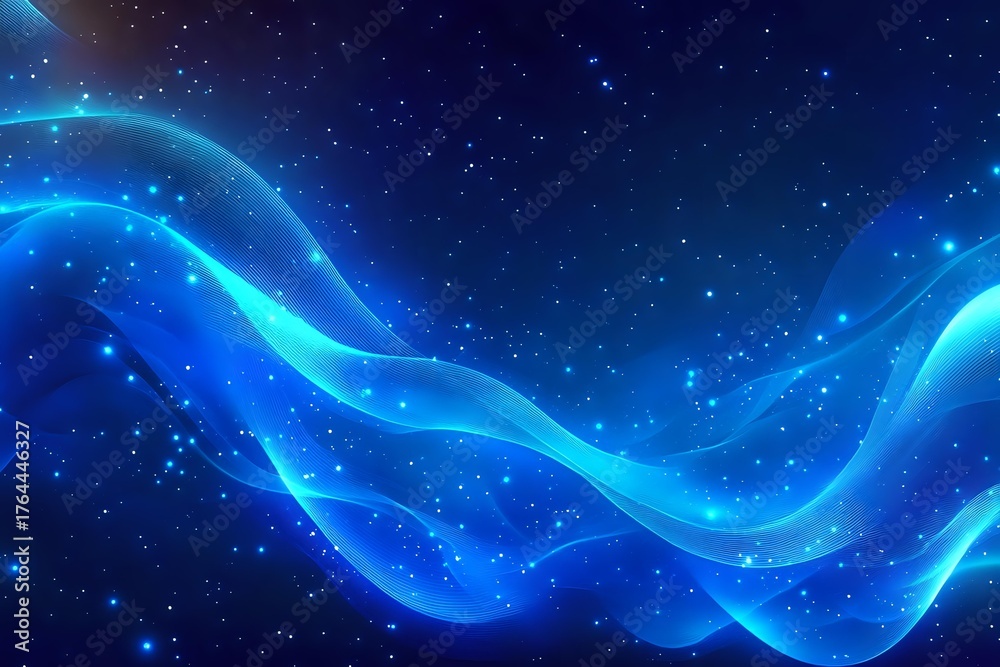 Obraz premium Glowing blue waves of light flow through starry night sky creating magical ethereal atmosphere. Abstract cosmic background for creative projects.