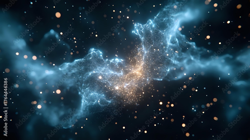 Obraz premium Cosmic explosion in deep space with glowing blue nebula clouds and bright stardust particles against dark starry background, suitable for astronomy projects.